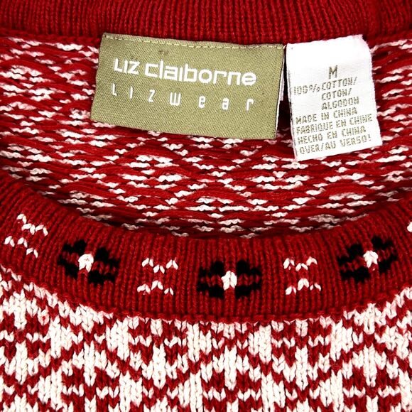 Liz Claiborne Red & White Crewneck Sweater Fair Isle Cotton Holiday Sz Med - Picture 9 of 12